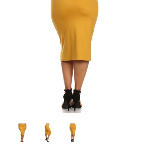 High Waisted Mustard Midi Pencil Skirt-Size-2XL - Picture 3 of 5